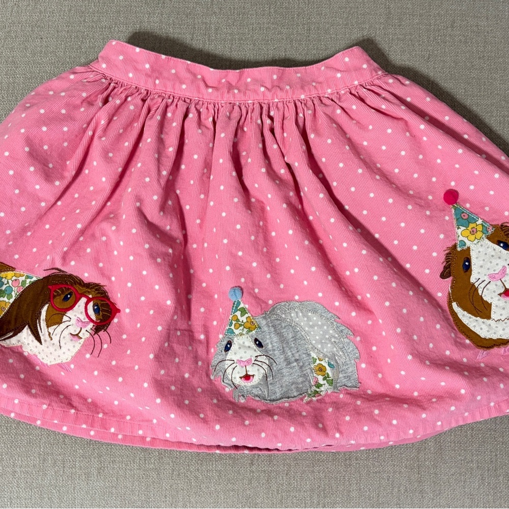 Mini Boden Pink Polka Dot Skirt with Bunny & Guinea Pig Appliqués